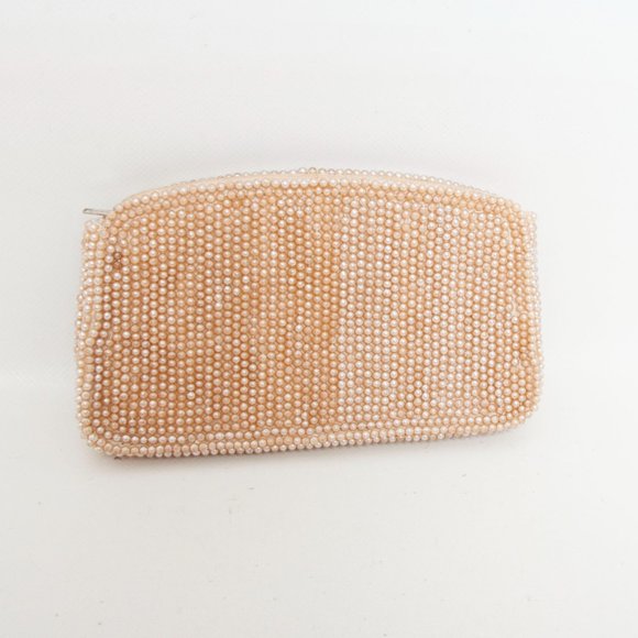 Vintage Hand Beaded Pearl Clutch Champagne Pearls Satin lining Coin Purse 7" - Picture 6 of 6
